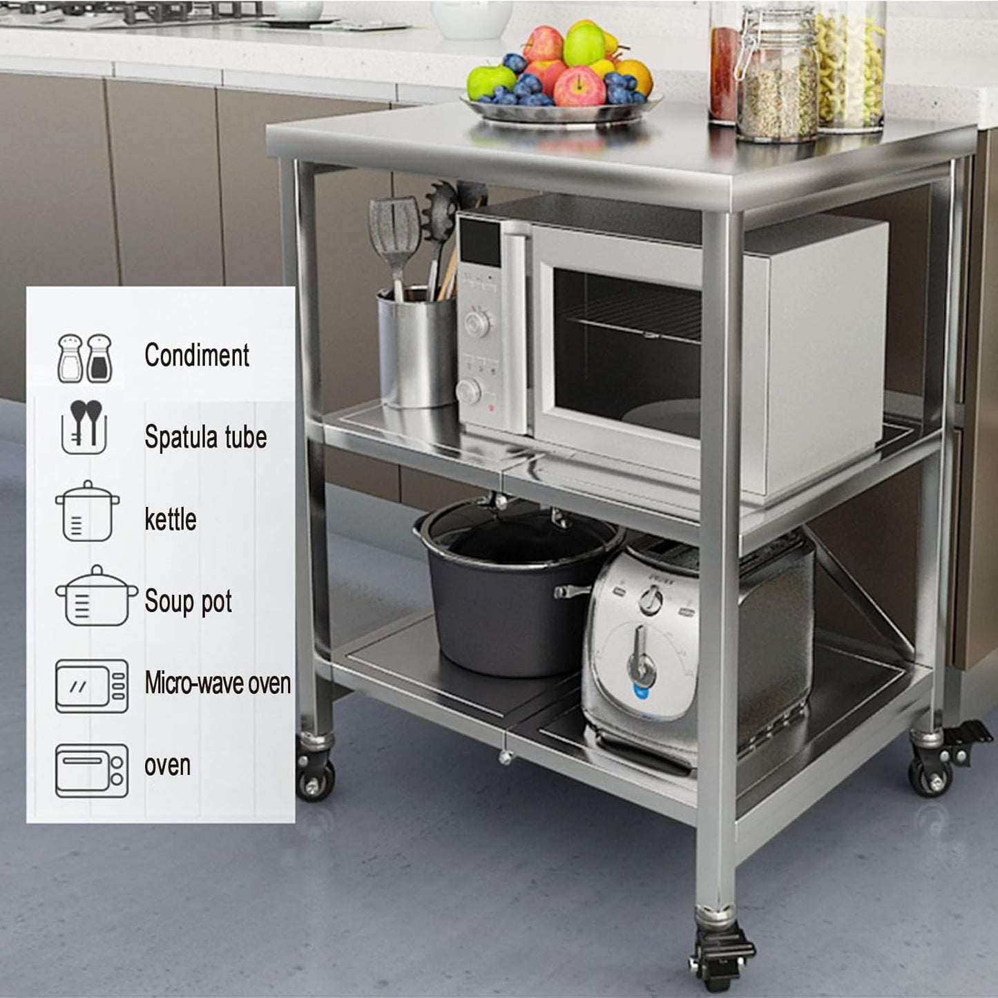 AMSXNOO Serveerwagen roestvrij staal, 3 planken opvouwbare transportwagen opslag rek rek keukentrolley trolley met wielen, multifunctionele trolley voor restaurant hotel school huishoudelijke wagen