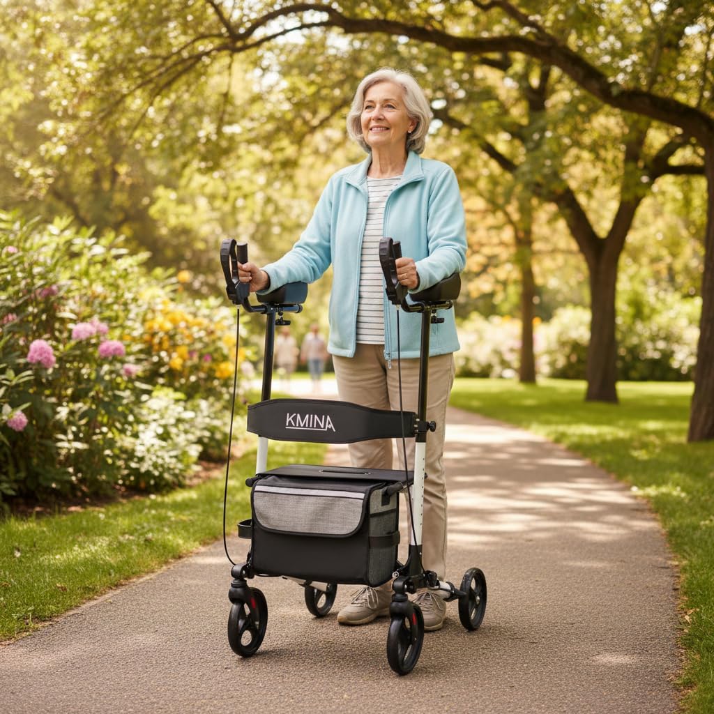 KMINA - Rollator met Armschalen en Zitje, Opvouwbaar voor Senioren, Aluminium voor Binnen- en Buitengebruik, met Mandje