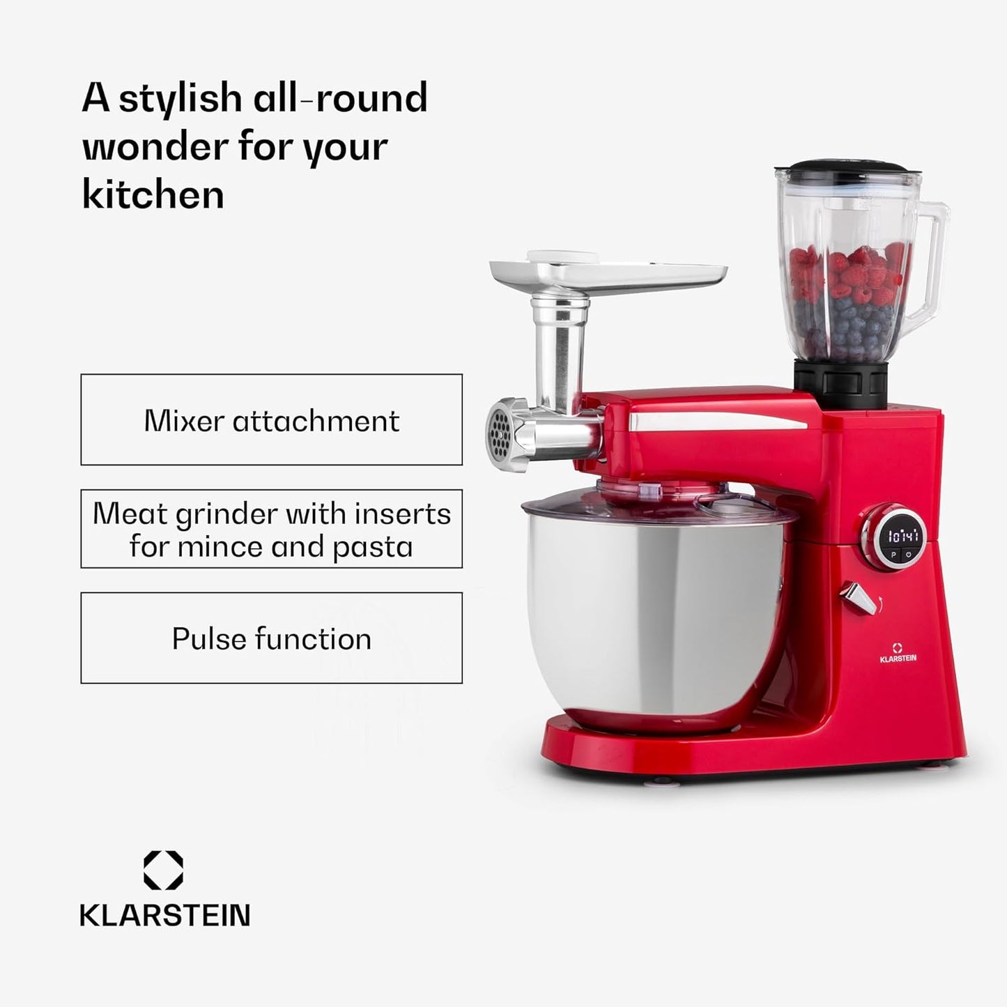 Klarstein Keukenmachine, universele keukenmachines, 3-in-1 keukenmachines, roerapparaten en mixers, deegmachine met vleesmolen, keukenmachine, 2000 watt deegmachine, kneedmachine, 10 liter kom