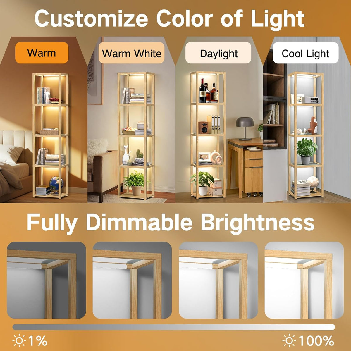 OUTON 170cm Glazen Vitrinekast met Verlichting, Dimbare LED Vloerlamp met Afstandsbediening en App-bediening, Open Boekenkastlamp voor Woonkamer en Slaapkamer, Hout