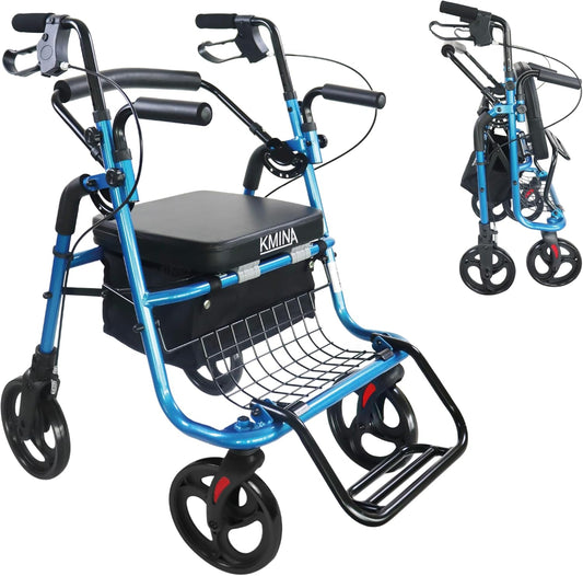KMINA Rollator 4-wielen, opvouwbaar, licht, zitting, 2-in-1, verstelbaar, comfort, mobiliteit, blauw