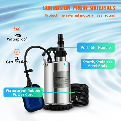 Dompelpomp - Rioolpomp - 550W - 0.75HP - 230V - 50Hz - voor het oppompen van water uit zwembaden, kelders en hot tubs - Zilver - QUORE