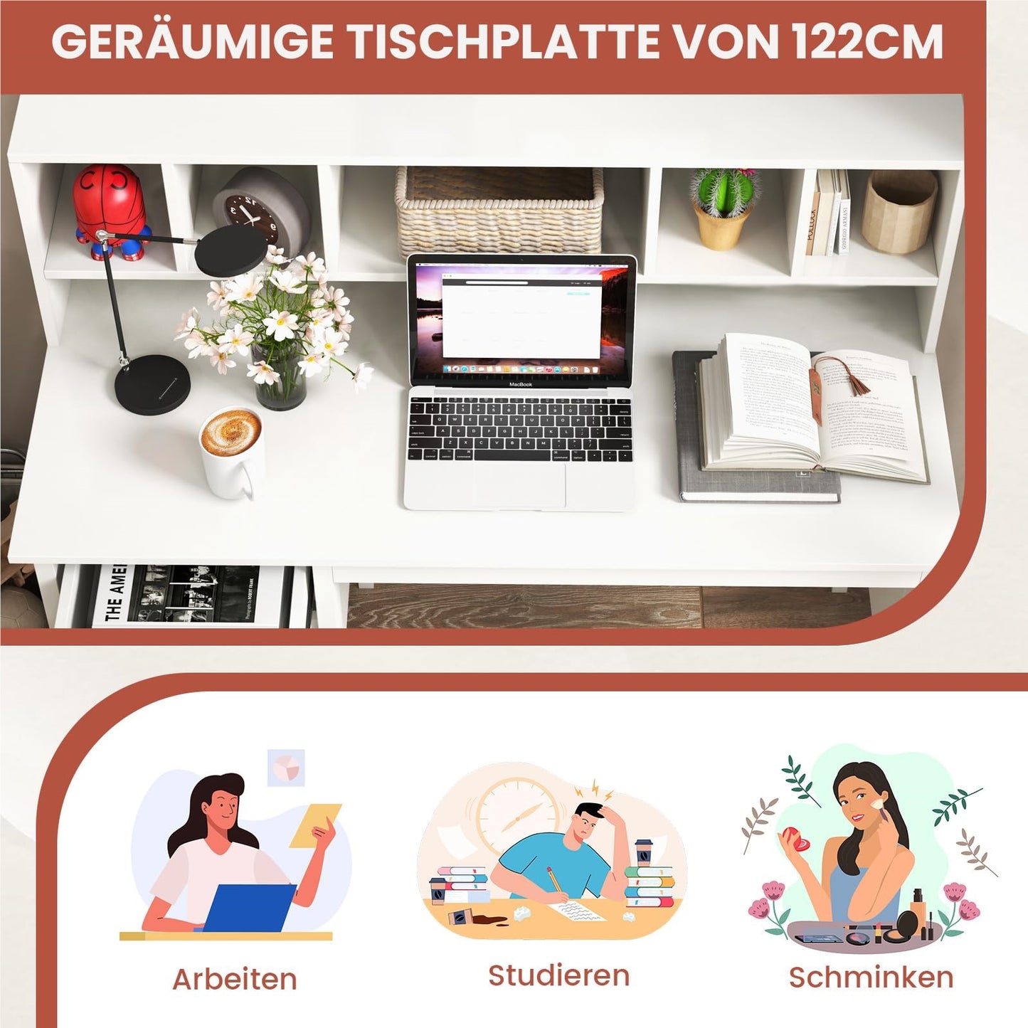 Bureau – Computertafel – Kindertafel – Pc Tafel – Thuiswerkplek – Wit – 120x60x110 cm – 2 Laden en 5 Vakjes – Stevige MDF Constructie