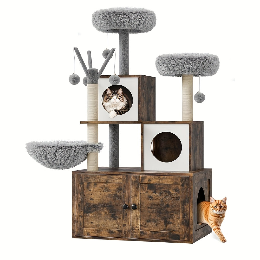 3-in-1 Kattenhuis – Kattenkrabpaal – Kattenboom – Kattenhuisje – Kattenverblijf – Multifunctioneel Design – Sisal Krabpalen & Verwijderbare Pompons – Houtkleurige Plush Afwerking – Voor Kleine en Middelgrote Katten