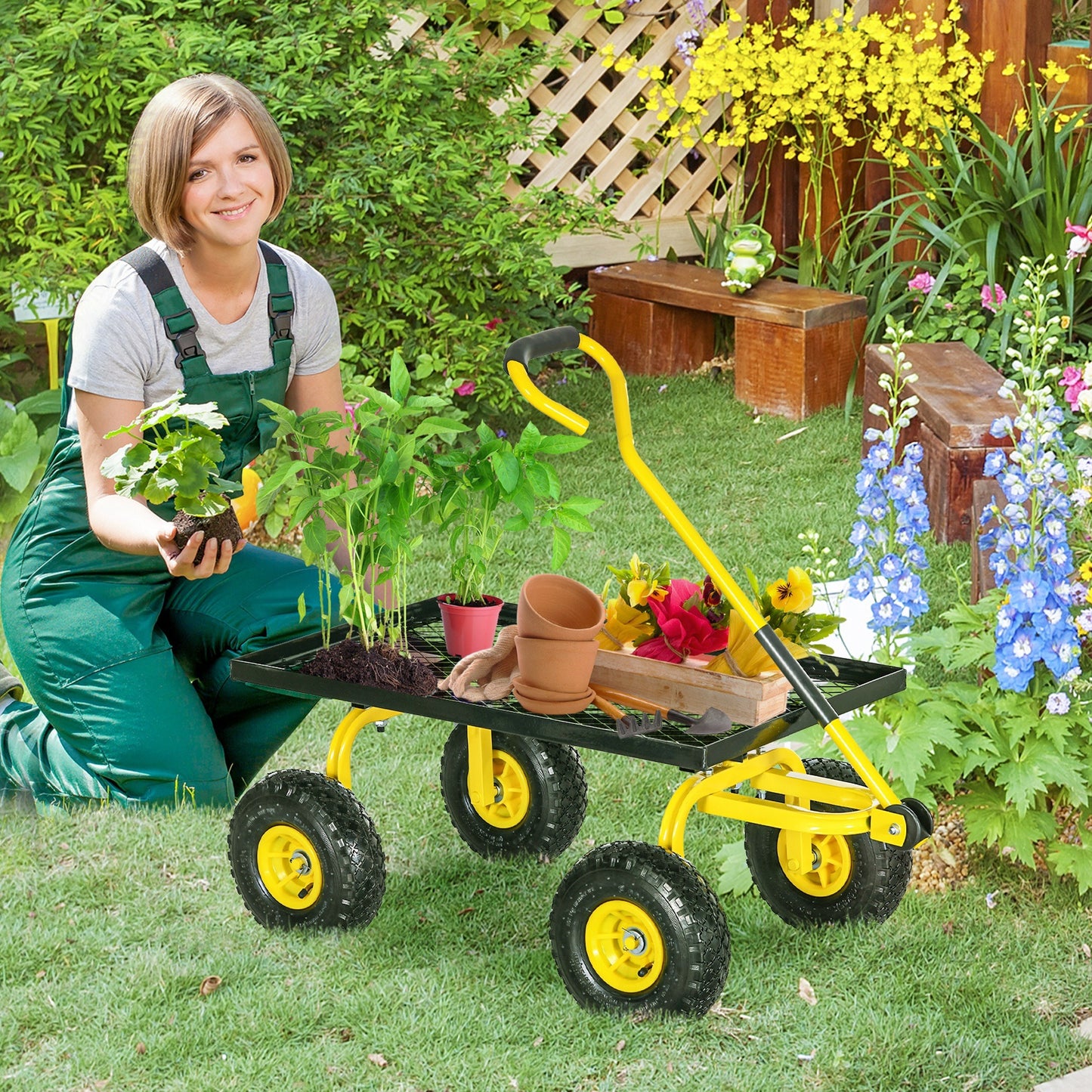 Tuinwagen – Tuinkar – Bolderkar – Transportkar – Handkar – Metalen Frame – 150 Kg Draagvermogen – 94x48,5x100 cm