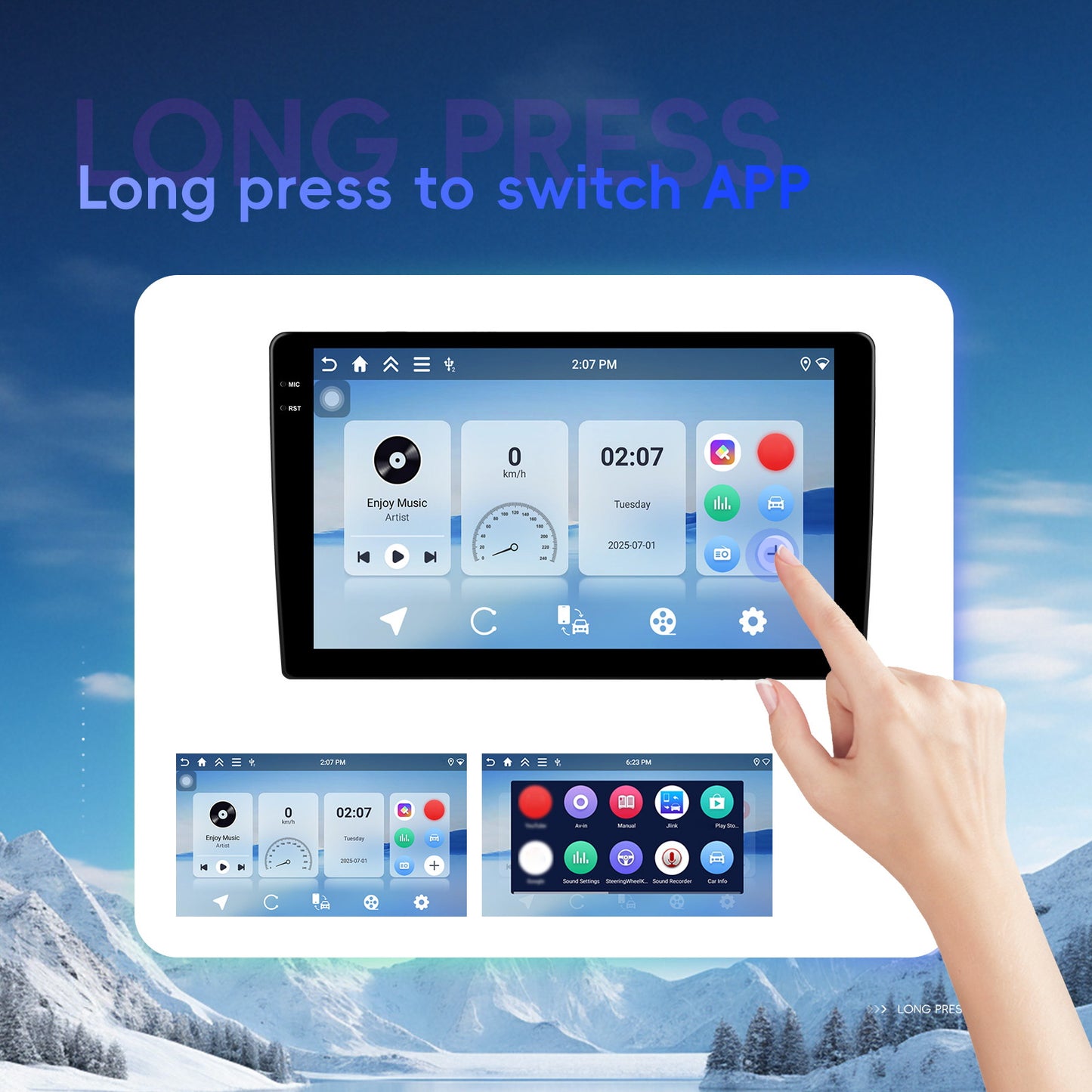 Car Stereo Featuring 4+128G Storage, Equipped with Wireless Apple Carplay And Android Auto, a 10-Inch 2 Din Android 15 Touchscreen, And Includes Wifi, SWC, FM, RDS, USB, And Camera Support.