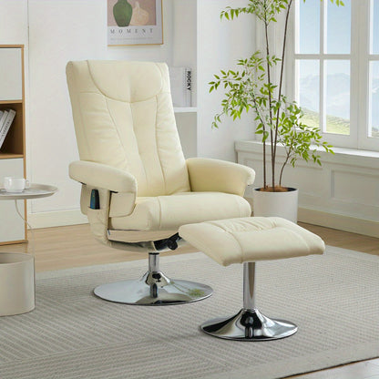 Modern White Beige Reclining Swivel Chair and Footstool Set with 360° Rotating Mechanism, Manual Recliner Sofa with Stool for Living Room, Bedroom - Easy Assembly, Durable Comfortable Lounge Chair with Sturdy Footrest, Space