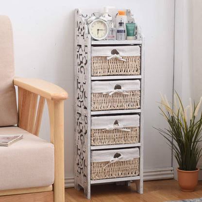 Nachtkastje – Bijzettafel – Ladekast – Opbergkastje – Kabinet – Shabby Vintage Wit – 4 Lades Met Rotan – Hout 98x29x22 cm