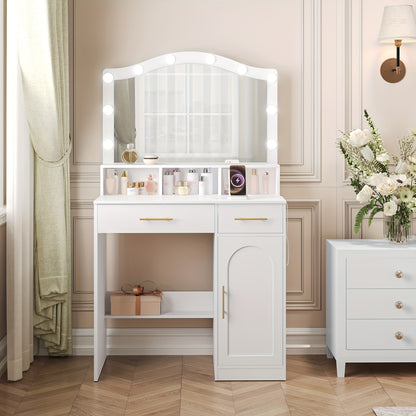Kaptafel – Make-up Tafel – Beauty Tafel – Schminktisch – Toilettafel – Wit Met Gouden Accenten – Verstelbare 3-Kleurige LED-Verlichting – Oplaadstation Met 2 Lades En Kastje
