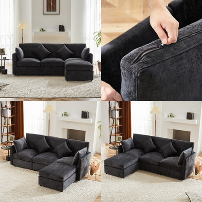 Hoekbank – Hoeksalon – L-Vormige Bank – Loungebank – Slaapbank – Chenille Stof – Met Losse Voetenbank – Stevig Metalen Frame – Geschikt Voor 3-4 Personen