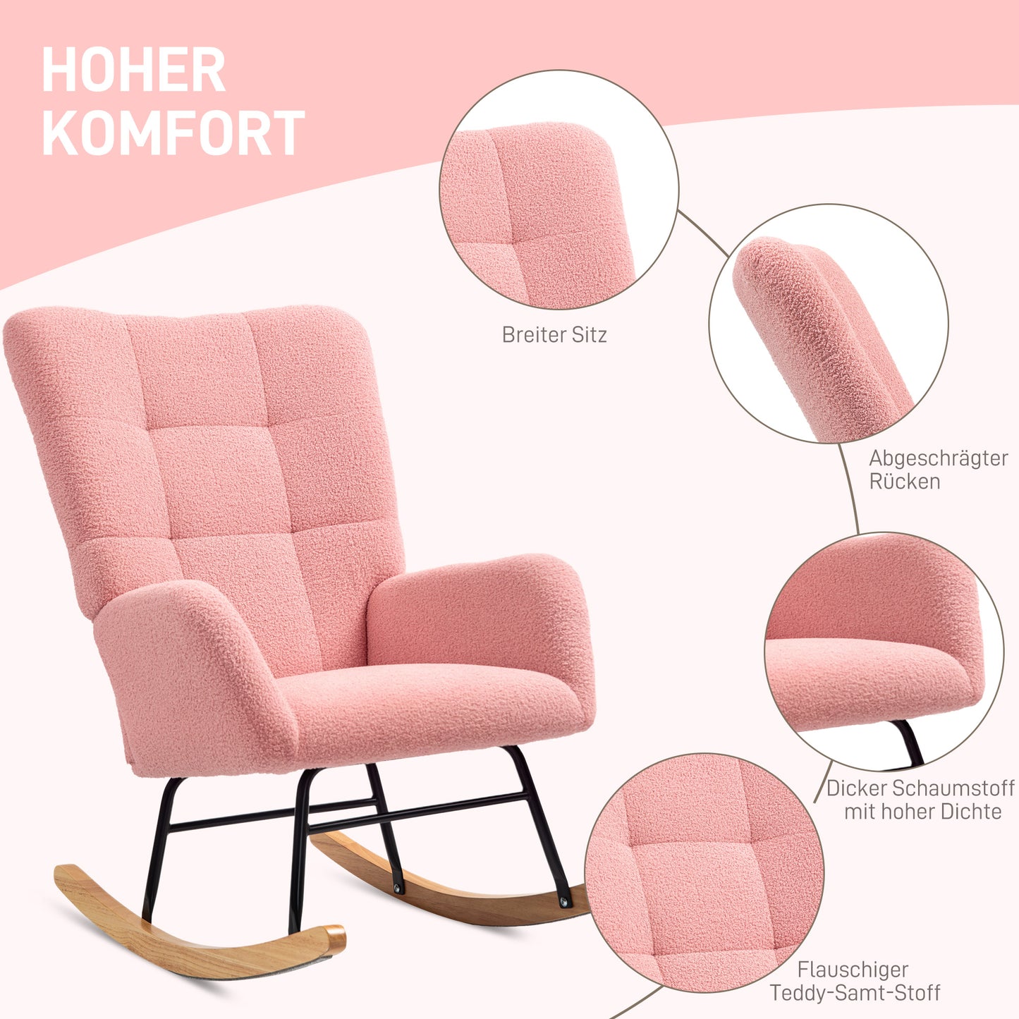 Roze Schommelstoel – Schommelstoel – Relaxstoel – Lounge Stoel – Fauteuil – Zachte Teddy Bekleding – Dikke Padding & Antislip Poten