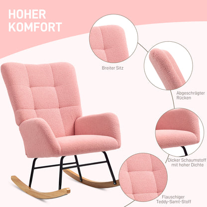 Schommelstoel – Relaxstoel – Fauteuil – Schommelstoelen – Loungestoel – Teddy Velvet – Met Armleuningen – Houten Poten – 90°-115° Schommelbeweging – Brede Comfortabele Zitting – Roze