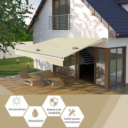 Uitschuifbare Zonwering Terras – Terrasluifel – Zonnescherm – Schaduwdoek – Balkonzonwering – 3 x 2,5 Meter – Verstelbare Hoek 40°-100° – Handmatige Slingerbediening