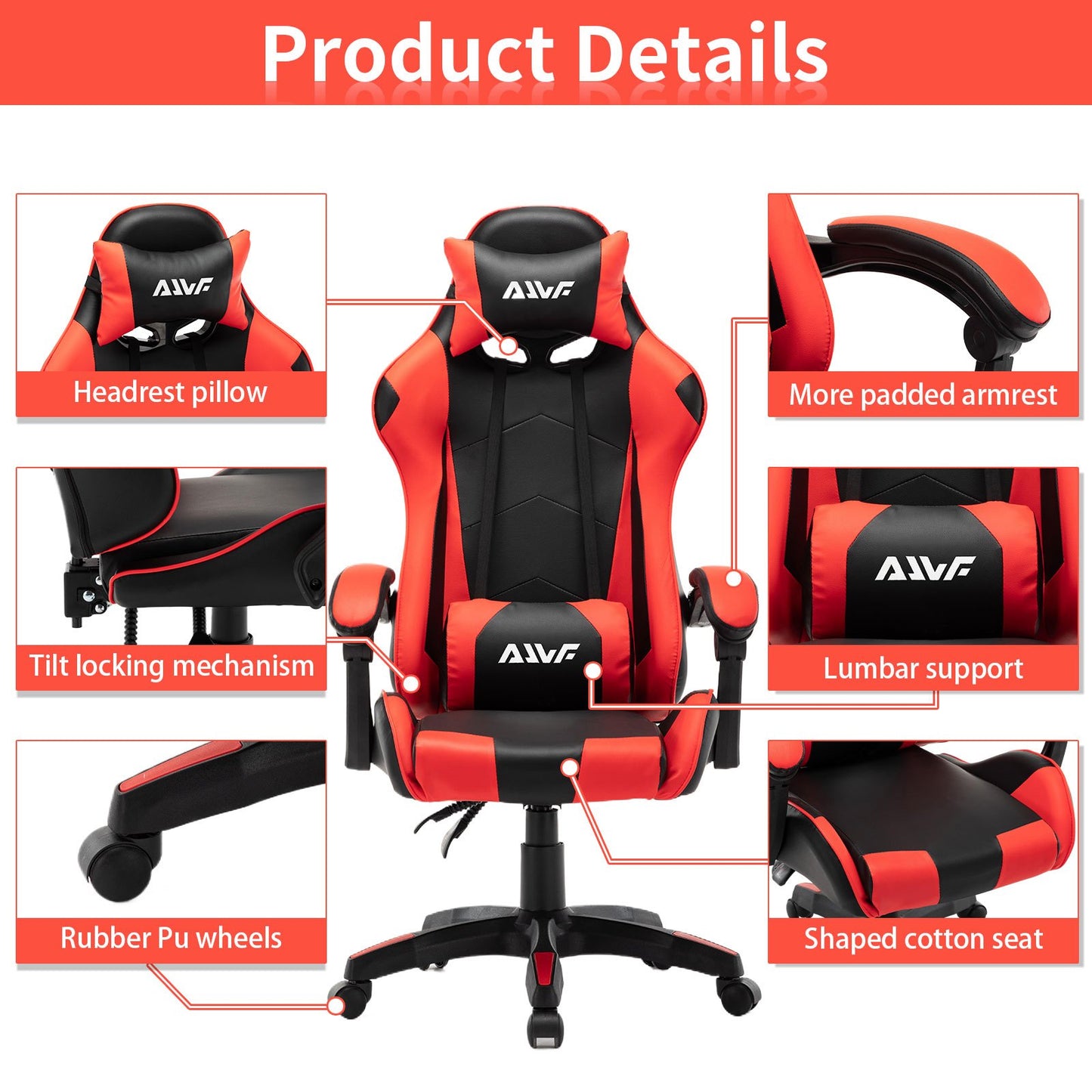 Gamingstoel – Bureaustoel – Computstoel – Racerstoel – Ergonomische Stoel – Verstelbare Rugleuning – Memory Foam Zitting – Kunstleren Bekleding – Rood