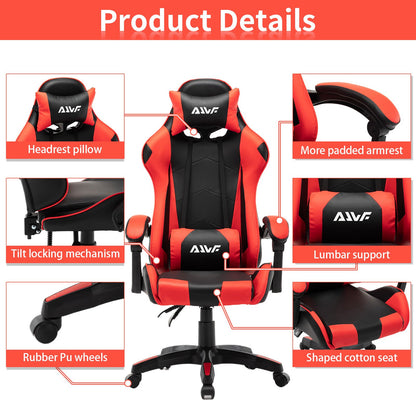 Gamingstoel – Bureaustoel – Computstoel – Racerstoel – Ergonomische Stoel – Verstelbare Rugleuning – Memory Foam Zitting – Kunstleren Bekleding – Rood