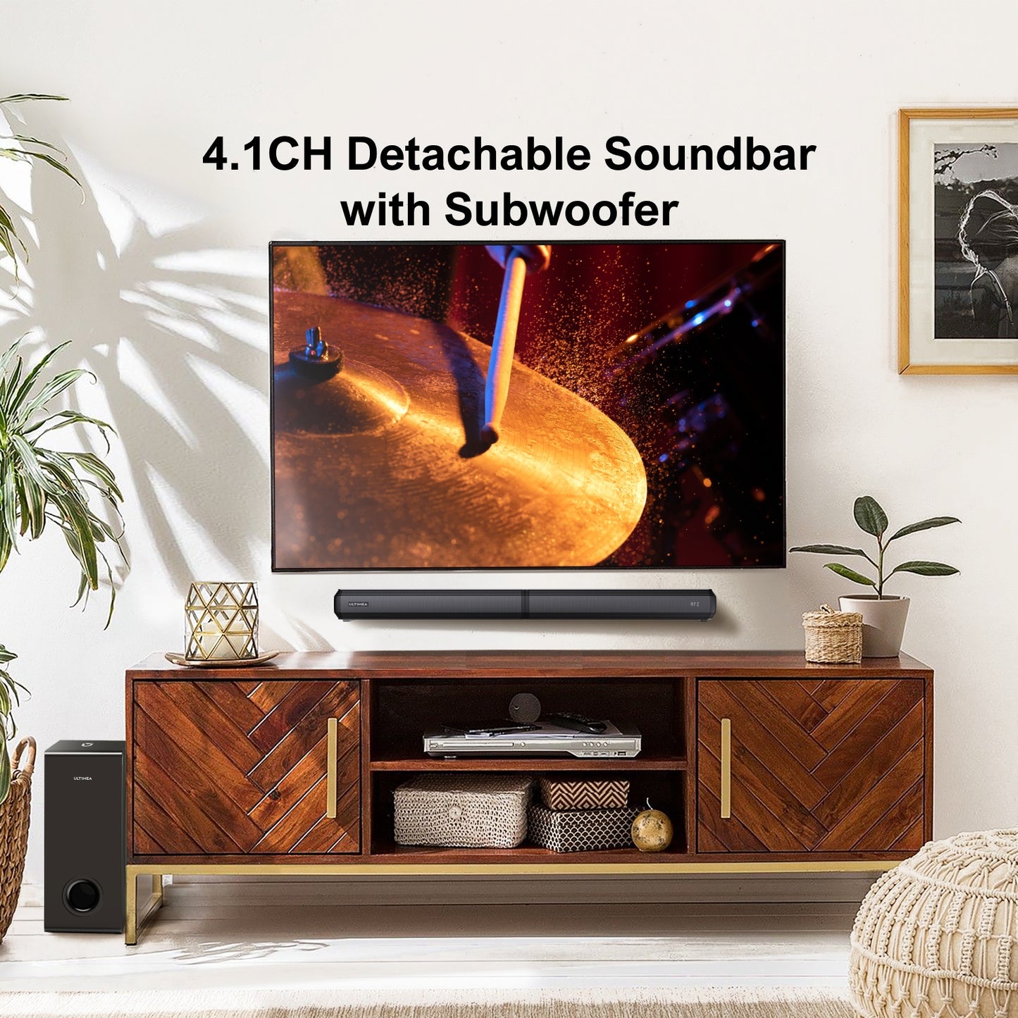 Soundbar – Home Cinema Speaker – Draadloze Speaker – TV Speaker – Audio System – 4.1 Kanaals Surround – 200W Piekvermogen – Draadloze Subwoofer met Afneembare Soundbar