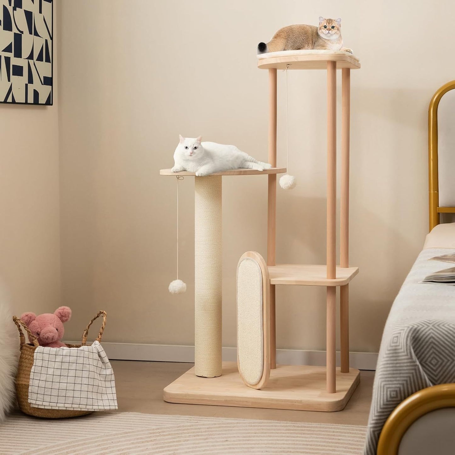 Krabpaal – Kattenboom – Krabmeubel – Kattenhuis – Kattenmand – 4 Lagen – Rubberhout & Sisal – Compact 59x47x112 cm