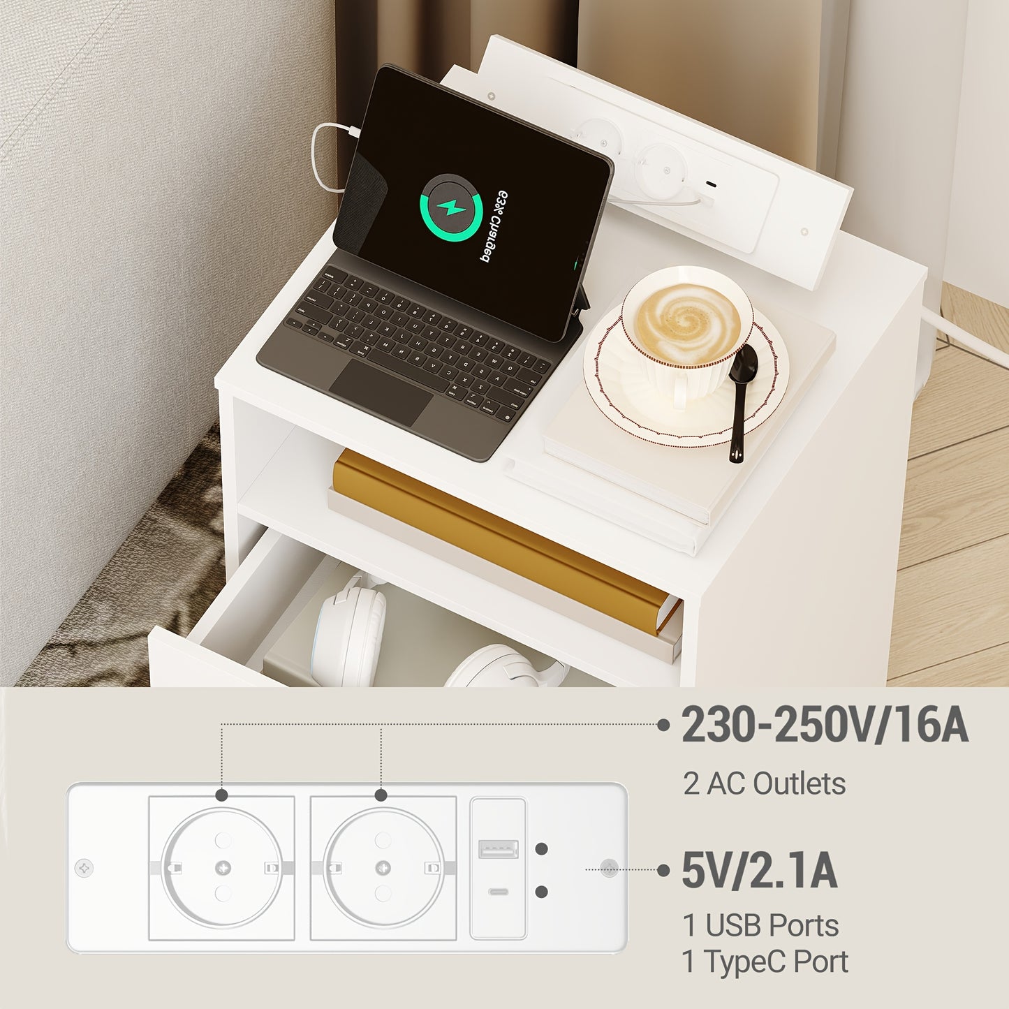 Bedside Table Set Of 2, Side Table with Lights, 1 Open Compartment And 2 Drawers, for Bedroom, Living Room, White