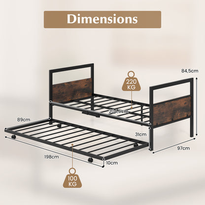 Eenpersoonsbed – Bedframe – Slaapbed – Logeerbed – Stalen Bed – Set van 2 – Compact 90x200 cm – Stevig Metalen Frame Rustiek Bruin