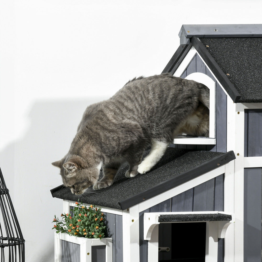 Kattenhuis – Buitenverblijf Kat – Huisdierverblijf – Dierenhuis – Buitenren – Twee Verdiepingen – Meerdere Ingangen – Gegalvaniseerd Staal – Waterdicht Tarpa Dak