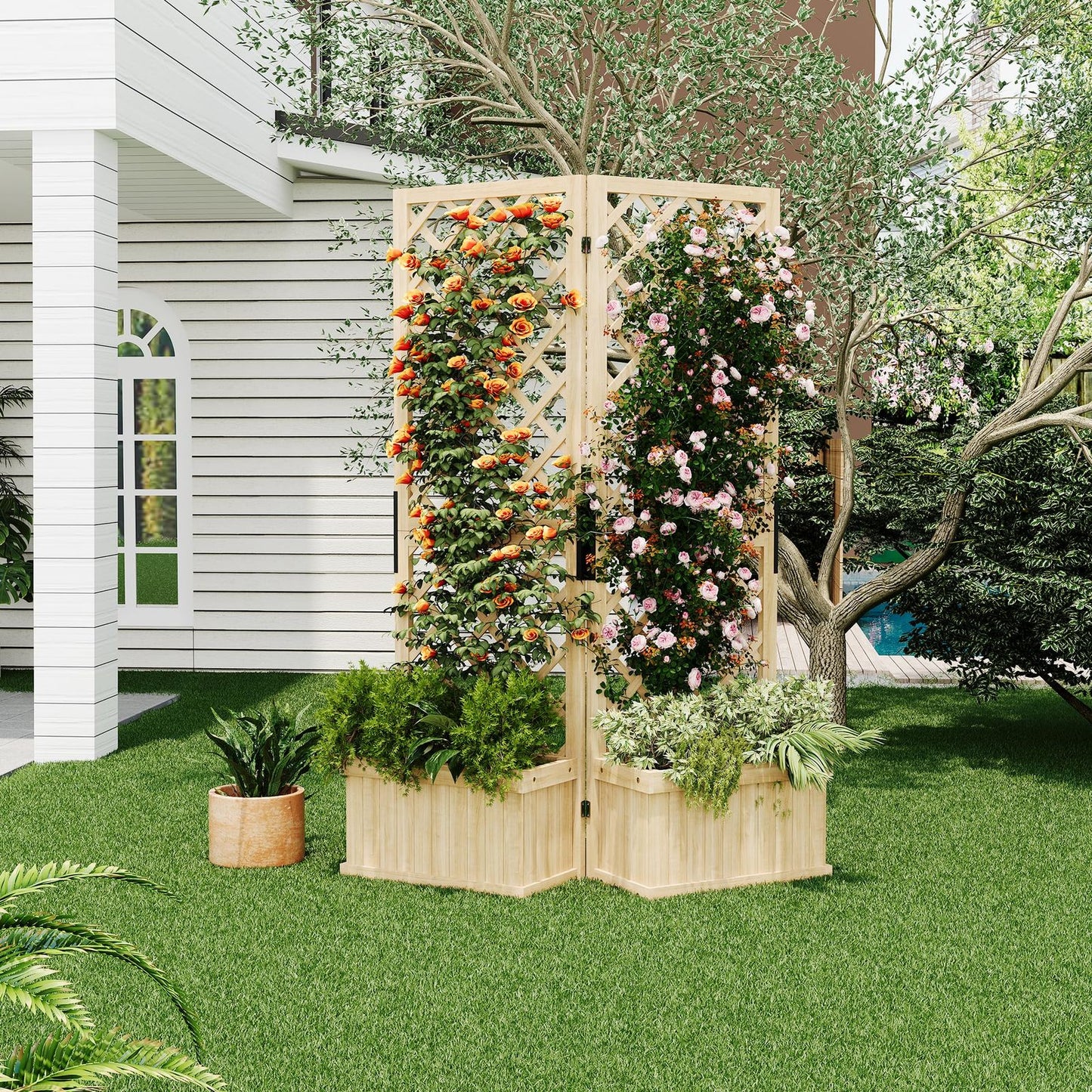 Houten Tuinscherm – Privacy Scherm – Tuinafscheiding – Tuinscherm Scharnierend – Buiten Scherm – 2 Schermen – Met Plantenbak – Afmetingen 104x25x165 cm – Gepolijst Hout Met Drainage