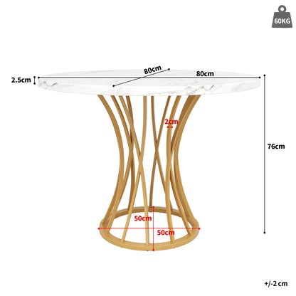 Eettafel – Ronde Tafel – Eetkamertafel – Keukentafel – Tafeltje – Marmerlook Blad – Gouden Glanzende Poot – 80x80x76 cm – Geschikt voor 4-6 Personen