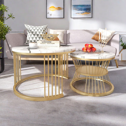 Salontafel – Koffietafel – Bijzettafel – Lage Tafel – Ronde Tafel – Set Van 2 – Marmerlook – Metaal – Groot 70x70x45 cm & Klein 45x45x40 cm