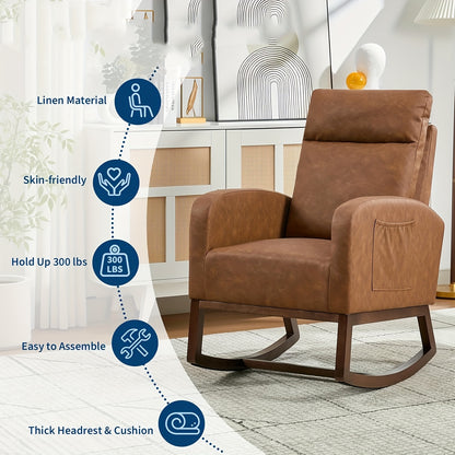 Ergonomische Schommelstoel – Schommelstoel Voor Woonkamer – Lounge Stoel – Relaxstoel – Fauteuil – Met Voetensteun – Handmatig Schommelmechanisme – Stevige Poten – Ruim Vak In Armleuning – Warm Bruin
