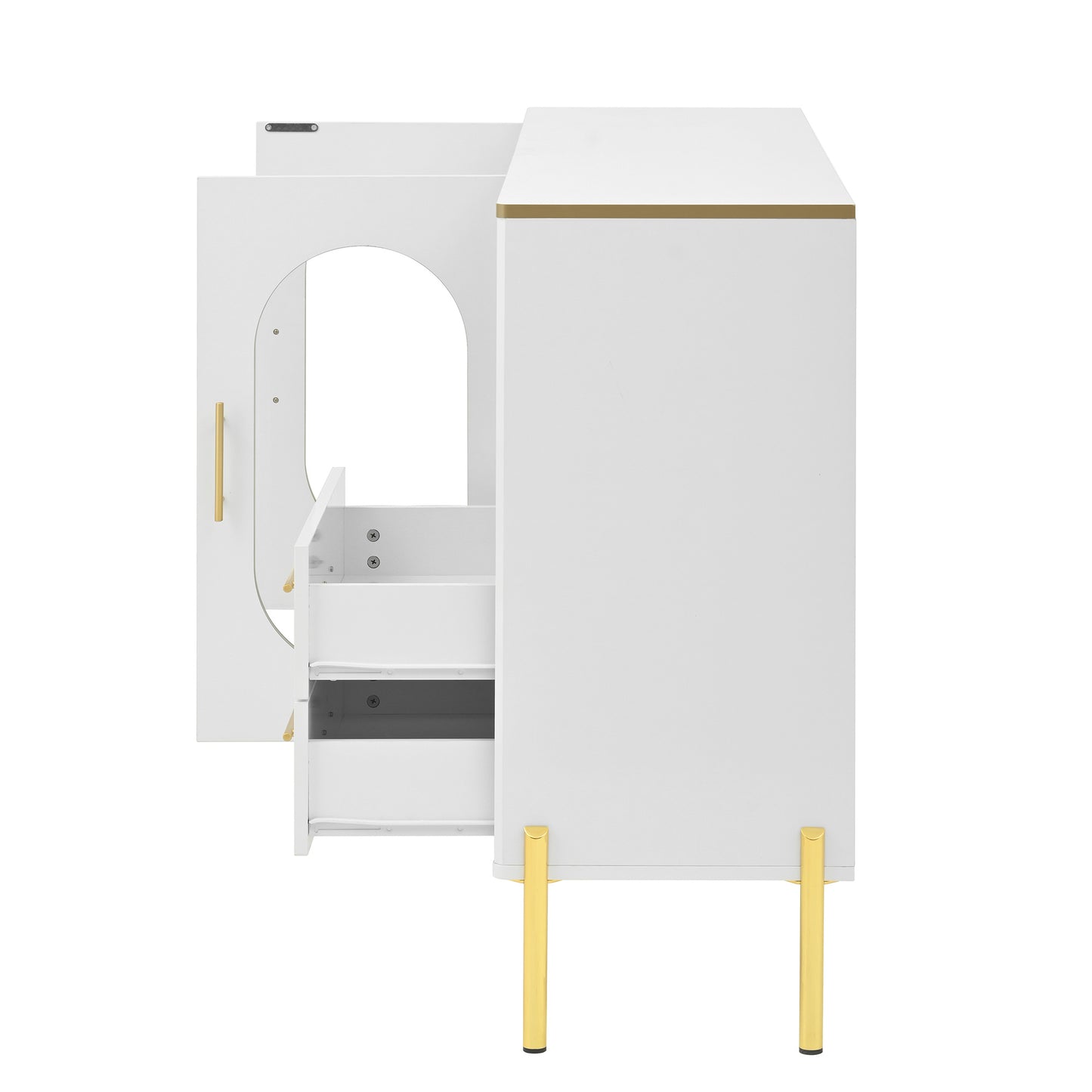 Dressoir – Sideboard – Opbergkast – Dressoirkast – Meubel – Wit Met Gouden Accenten – Glazen Deuren – 140x38x90 cm – Soft-Close Lades – Kabelbeheer