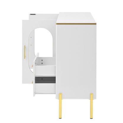 Dressoir – Sideboard – Opbergkast – Dressoirkast – Meubel – Wit Met Gouden Accenten – Glazen Deuren – 140x38x90 cm – Soft-Close Lades – Kabelbeheer