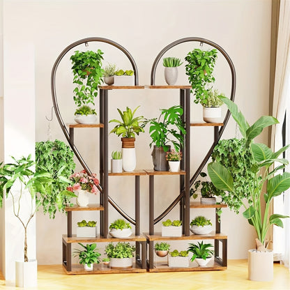 Plantenrek – Plantenstandaard – Bloemenrek – Plantentafel – Plantenetagère – Set van 2 Hartvormige Standaards – MDF en Metaal – 6 Lagen