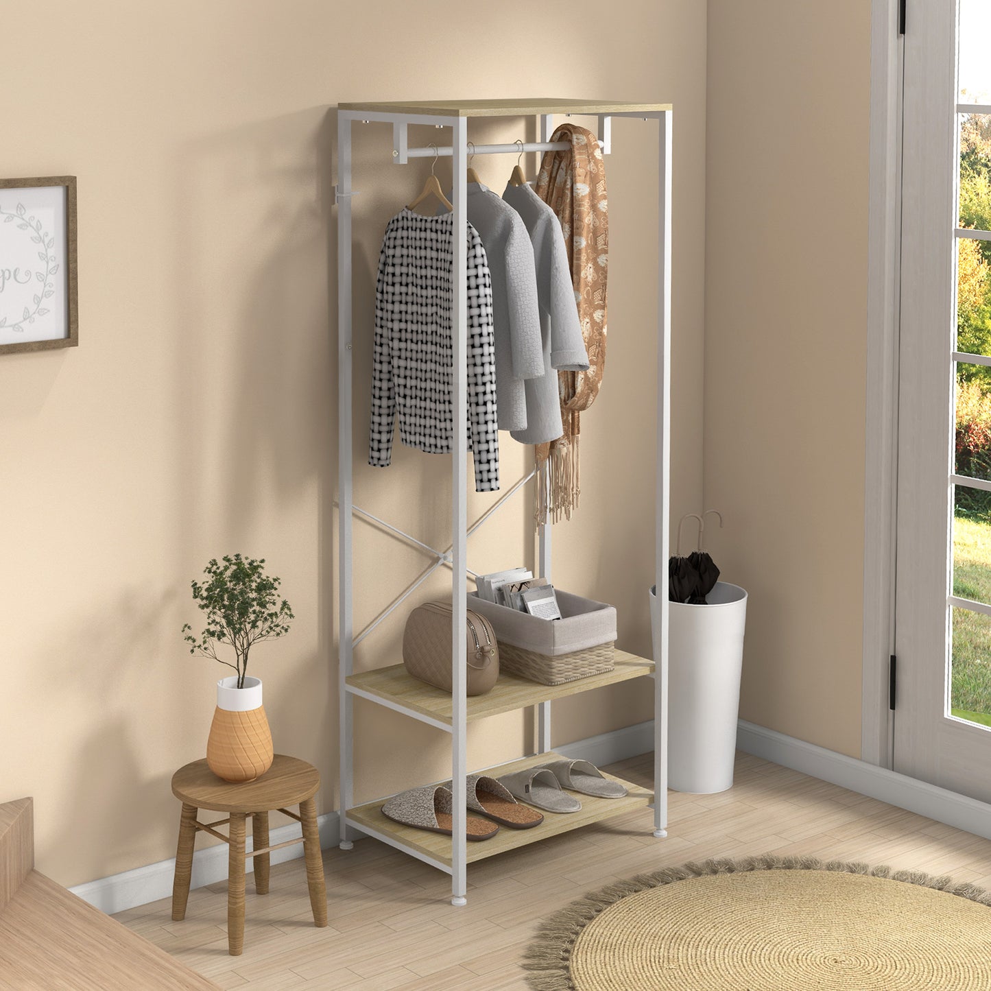 Kapstok – Schoenenrek – Jashaak – Garderoberek – Opbergmeubel – Industrieel Design – Licht Houtlook – Wit Metaal – Compact 60x40x167,5 cm – Stevig & Duurzaam