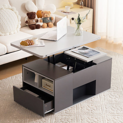 Salontafel – Tafel Voor Woonkamer – Koffietafel – Woonkamertafel – Bijzettafel – Verstelbaar Tafelblad – Met Opbergruimte – Metaal Grijs – Compact Design