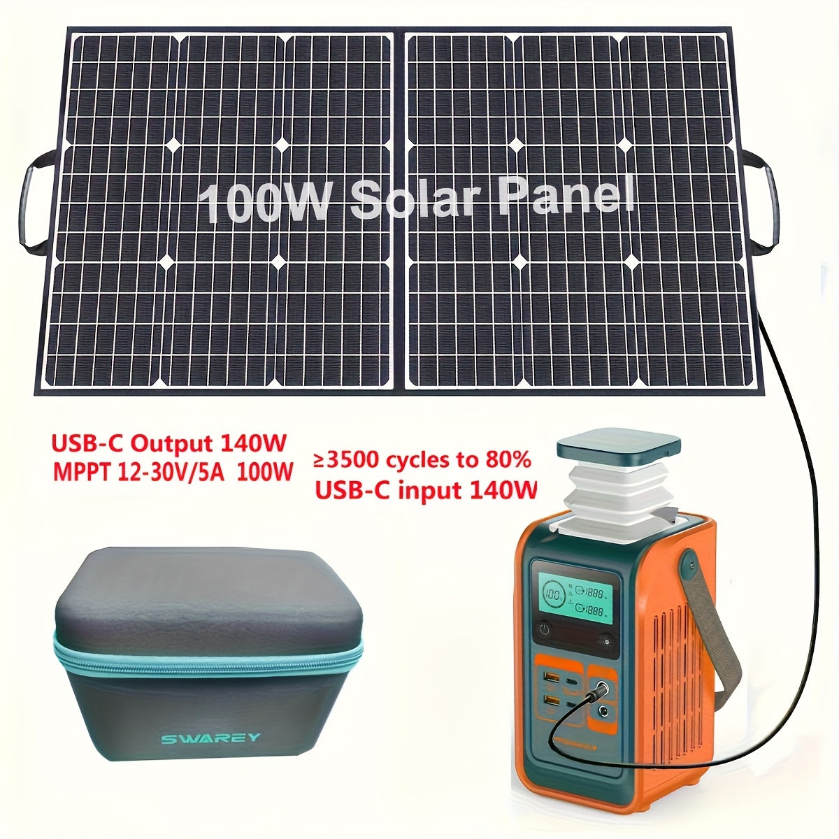 Zonnegenerator – Draagbaar Powerstation – Noodstroomvoorziening – Camping Accu – Mobiele Stroomvoorziening – 192Wh LiFePO4 Batterij – 140W Snelladen Met 100W Zonnepaneel