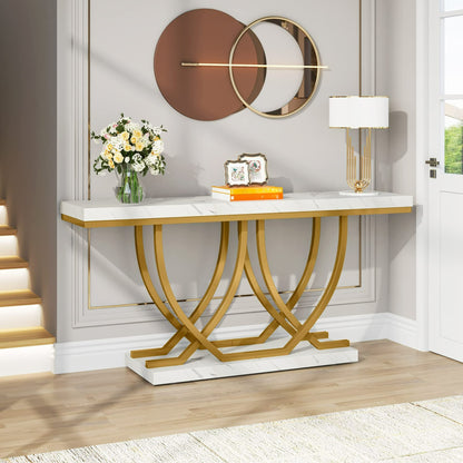 Moderne Sidetable – Console Tafel – Sofa Tafel – Haltafel – Wandtafel – Wit met Gouden Kunstmarmer – Slank 59 Inch