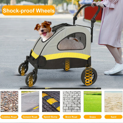 Pet Travel Stroller: Dog Stroller Pet Jogger Wagon Travel One-key Folding with 4 Heavy Wheels, Adjustable Handle for Small Dogs and Cats, Rear Brake, Security Leash