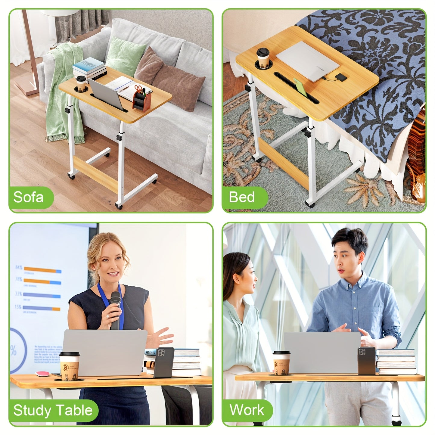 Verstelbaar Klein Bureau op Wieltjes – Computer- en Laptoptafel 60x40 cm – Multifunctioneel Bijzettafeltje voor Bed, Woonkamer of Kantoor, Bruin