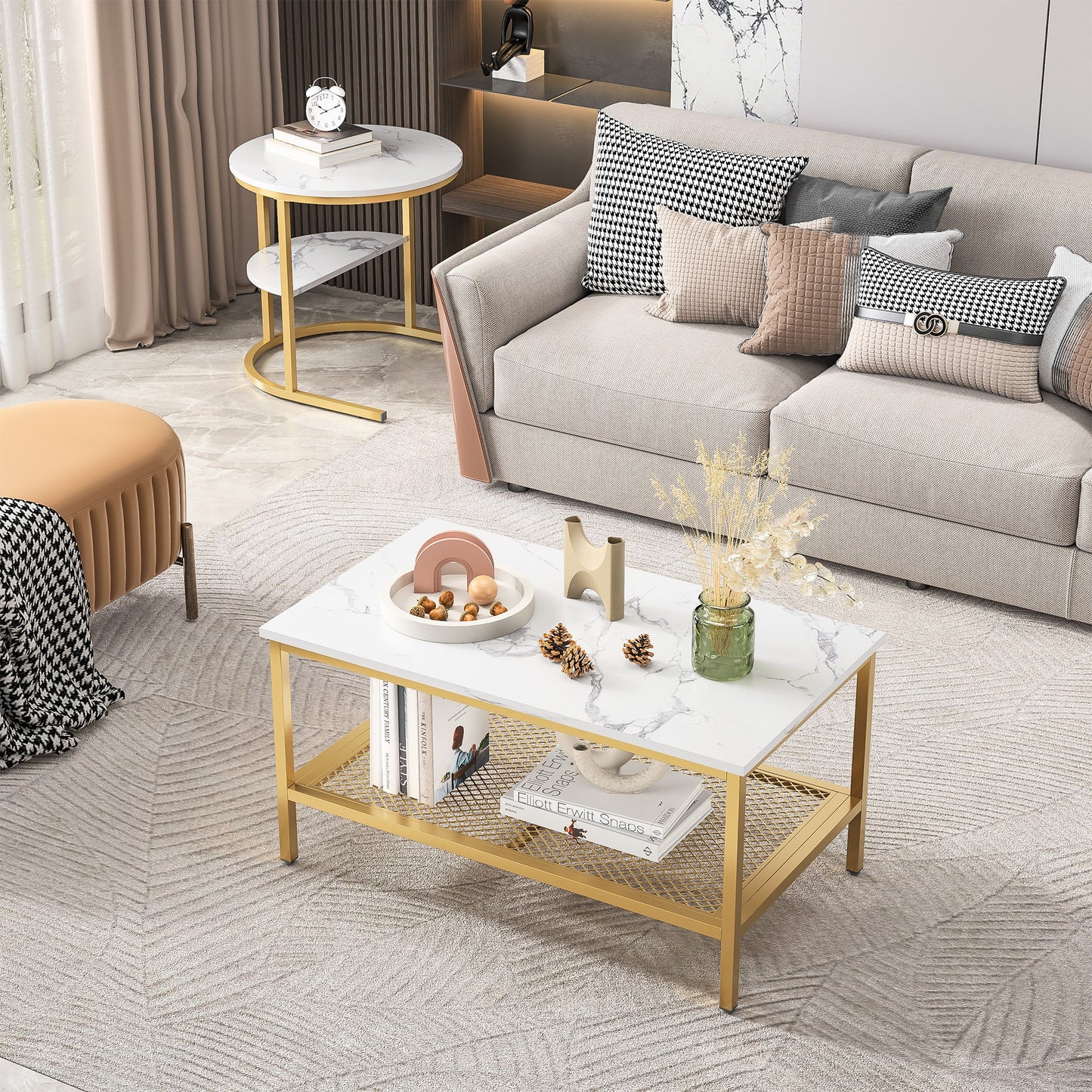 2-in-1 Salontafel Set – Woonkamertafel – Bijzettafel – Koffietafel – Ronde Tafel – Goud Metalen Frame – Kunstmarmeren Blad – Extra Opbergruimte