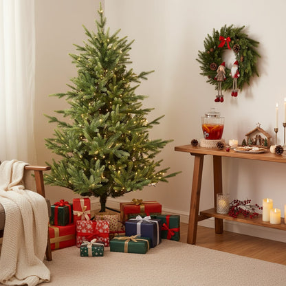 Kunstkerstboom – Nepboom – Kerstversiering – Dennenboom – Winterdecoratie – 150 cm Hoog – 90% PE Injection Moulded Realistisch Design – Inclusief Metalen Standvoet & Handschoenen