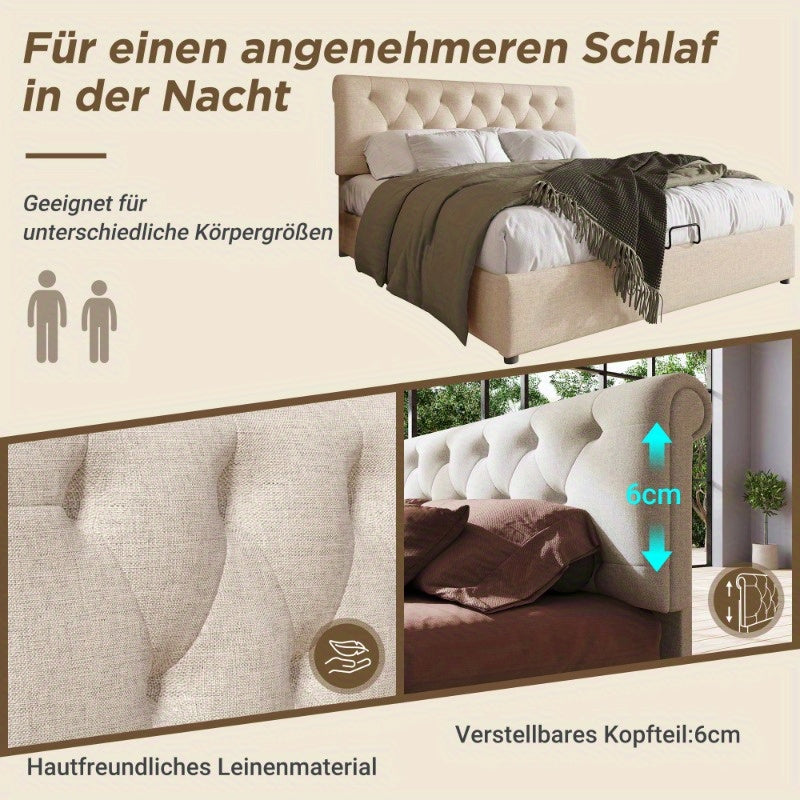 Hydraulisch Tweepersoonsbed – Verstelbaar Bedframe – Bed met Opbergruimte – Metalen Lattenbodem – Matras Inclusief – 160x200 cm – Moderne Natuurlijke Stijl – Verstelbare Hoofdbord