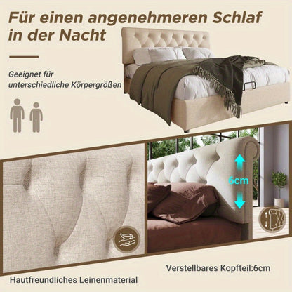 Hydraulisch Tweepersoonsbed – Verstelbaar Bedframe – Bed met Opbergruimte – Metalen Lattenbodem – Matras Inclusief – 160x200 cm – Moderne Natuurlijke Stijl – Verstelbare Hoofdbord