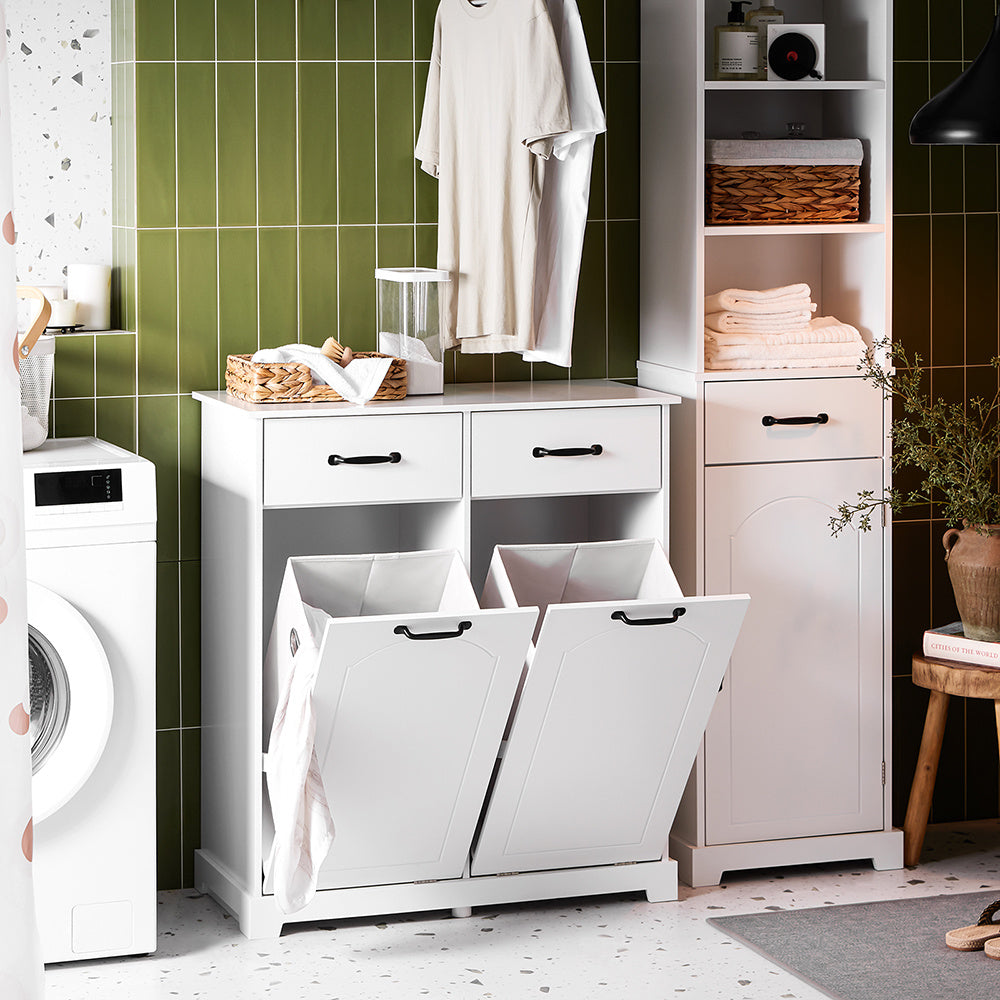 Badmeubel – Wasmand Kast – Opbergkast Badkamer – Smalle Wasruimte Kast – Badkamermeubel – Houten Kast met 2 Grote Wasmanden – Compact 79,5x38x90 cm – Vochtbestendig MDF