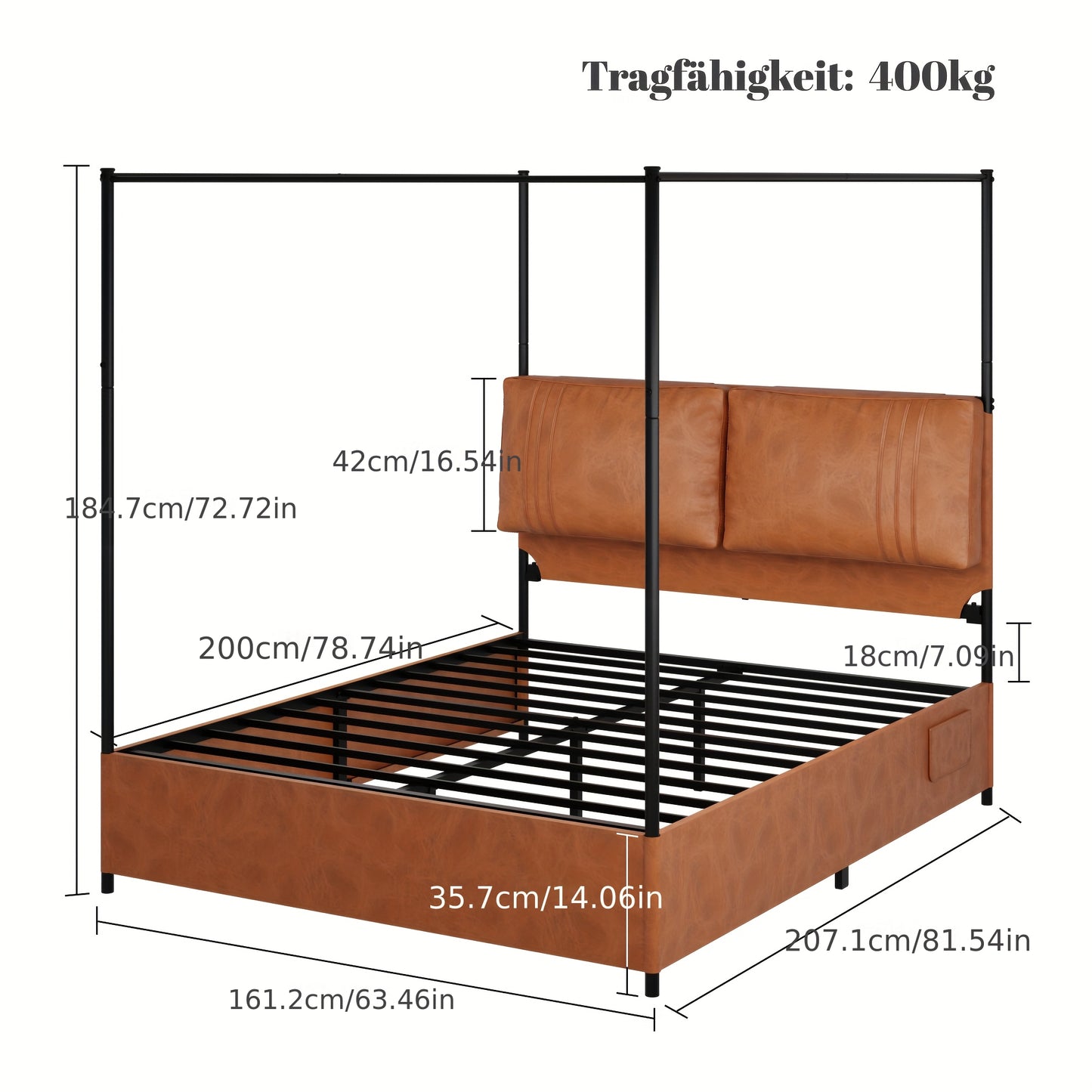Modern Bedframe – Luxe Bed – Slaapbank – Bedbank – Ledikant – Veervrij Matras – 4,06x5,08 Meter – Afneembare Lederen Delen – Metalen Gespen – Kant-en-Klaar Montagesysteem
