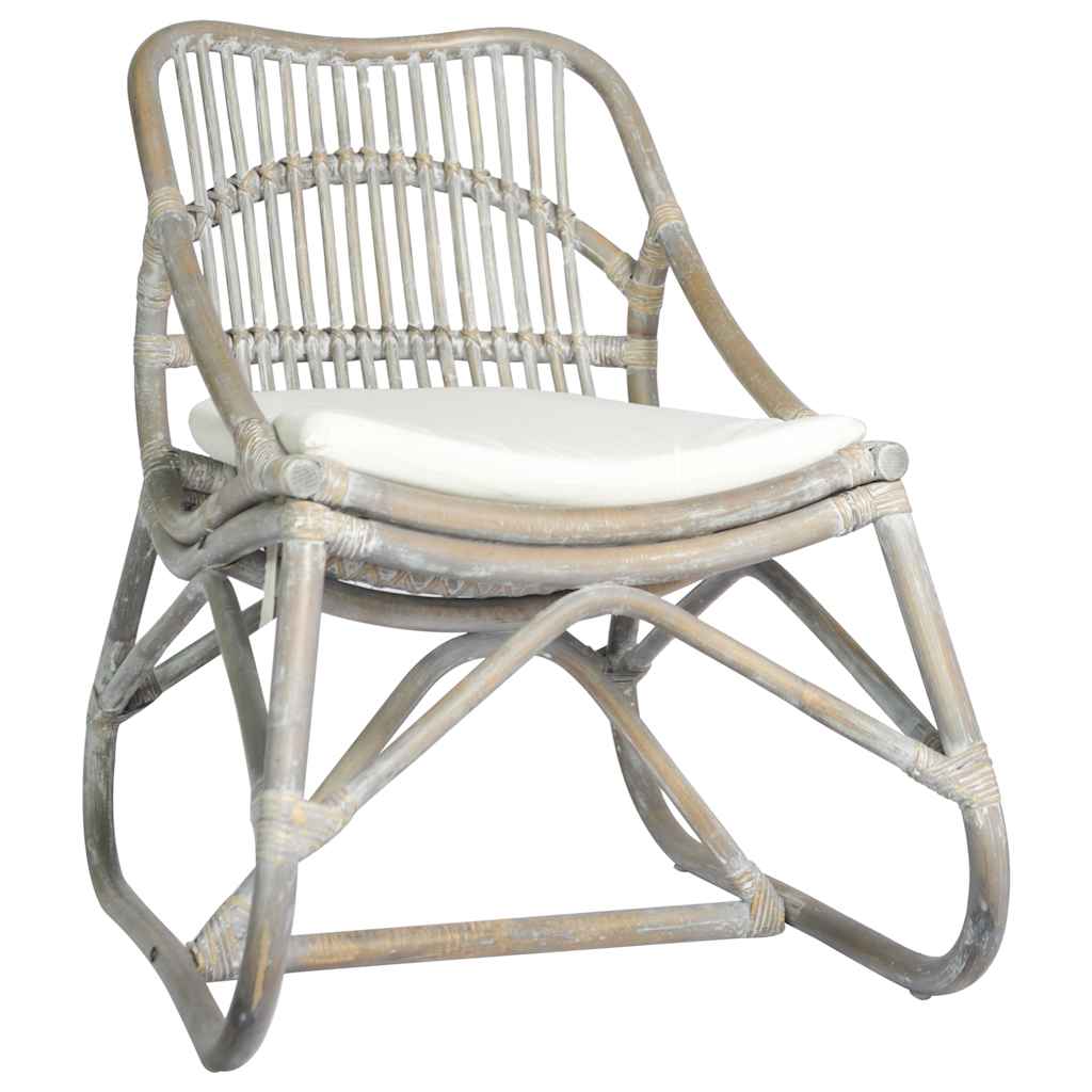 Rotan Stoel – Rotan Fauteuil – Tuinstoel – Loungestoel – Armstoel – Grijs – Linnen Kussen – Natuurlijke Rieten Rug
