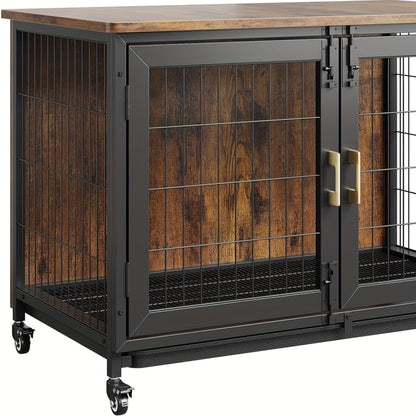 Hondenkennel Grote Maat – Hondenkooi Binnen – Hondenbench Hout – Hondenhok XL – Met Dubbele Deuren – Stevig Stalen Frame – Verplaatsbaar Met Remmen