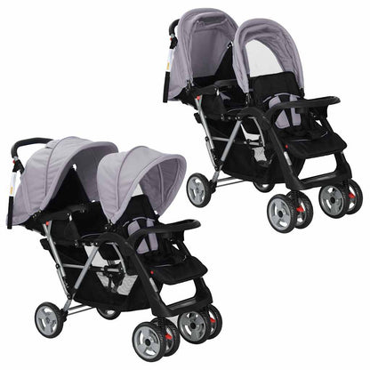Buggy – Kinderwagen – Plooibuggy – Wandelwagen – Dubbele Buggy – Stalen Frame – Inklapbaar – Zonnekap – Grijs
