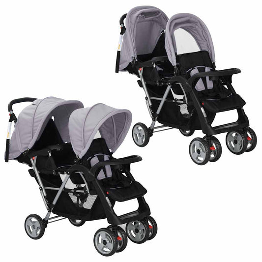 Buggy – Kinderwagen – Plooibuggy – Wandelwagen – Dubbele Buggy – Stalen Frame – Inklapbaar – Zonnekap – Grijs