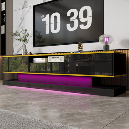 Modern Tv-meubel – Tv-kast – Entertainmentmeubel – Opbergmeubel – Woonkamermeubel – Zwart Hoogglans Met Gouden Accenten – 3 Laden + Open Vak Met Kleurveranderende LED – Ruimtebesparend 180x38x45 cm