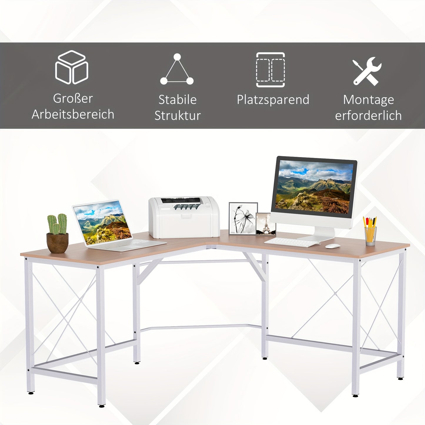 Hoekbureau – L-vormig Bureau – Computerbureau – Schrijftafel – Thuiswerkplek – Natuurlijk Kleur – Metaframe – 150x150x76 cm – Schuin Randontwerp