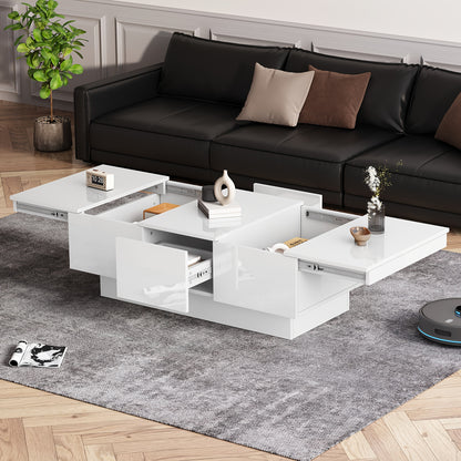 Salontafel – Coffee Table – Woonkamertafel – Tafeltje – Tafel met Opbergruimte – Wit Met Schuiffunctie – 2 Verborgen Vakken & 2 Lades – 100x55x35 cm – Modern Design